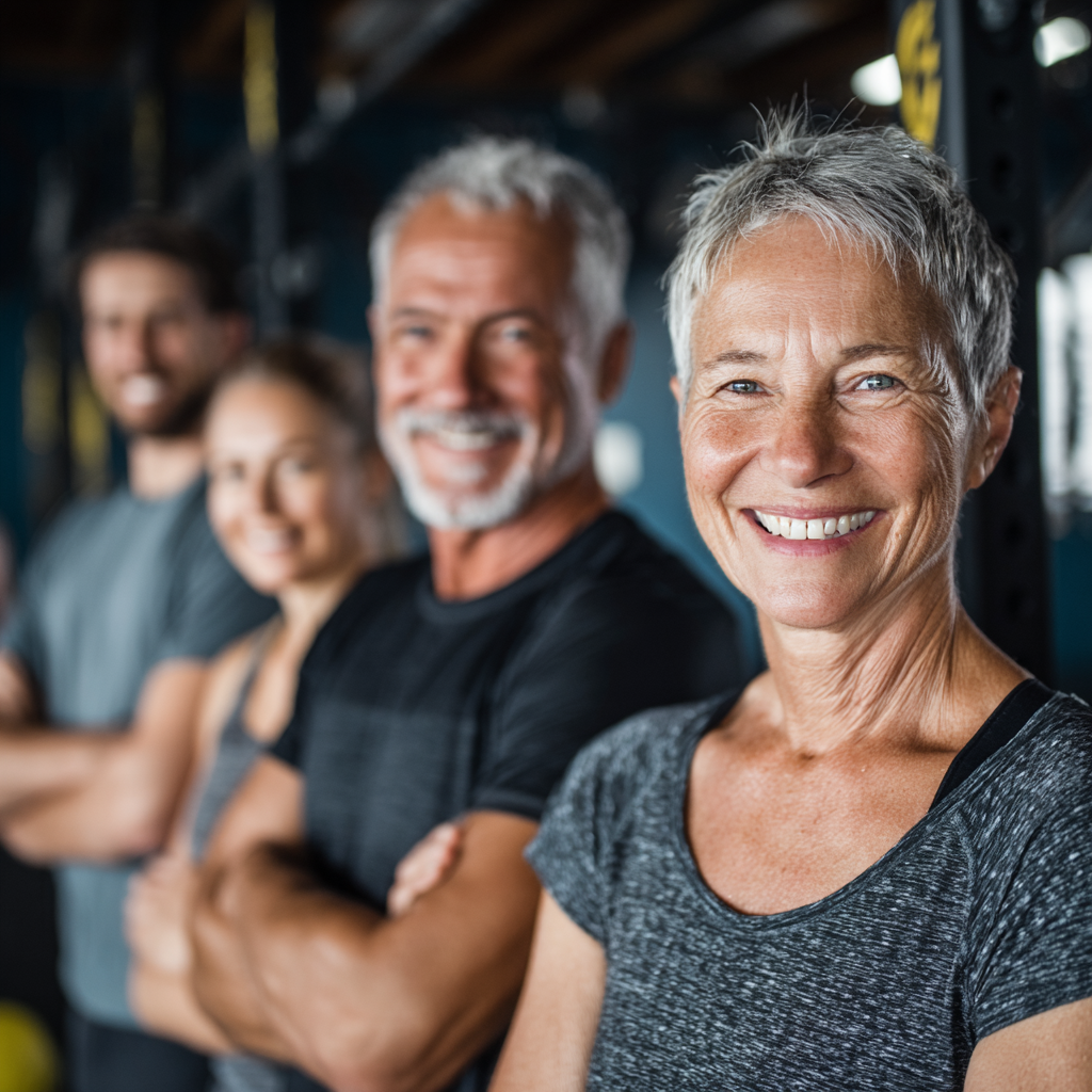 Group of mature adults following different workout routines in professional fitness facility