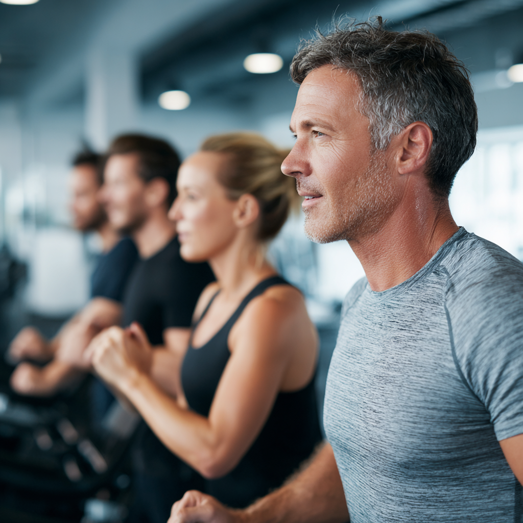 middle-aged adults exercising with professional trainers in modern gym environment